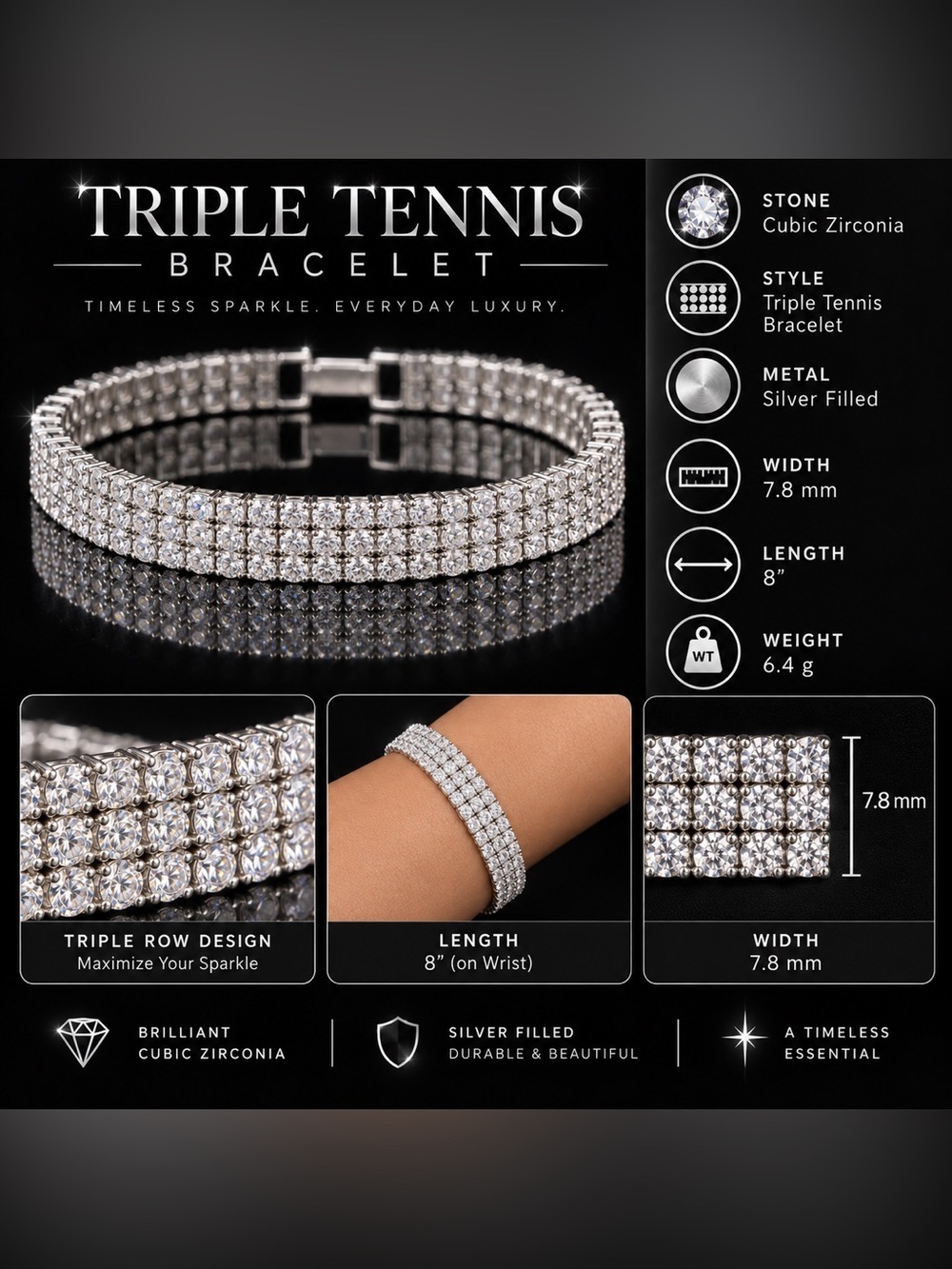 7.8mm Silver Triple Tennis CZ Bracelet 8in. - Picture 3 of 16